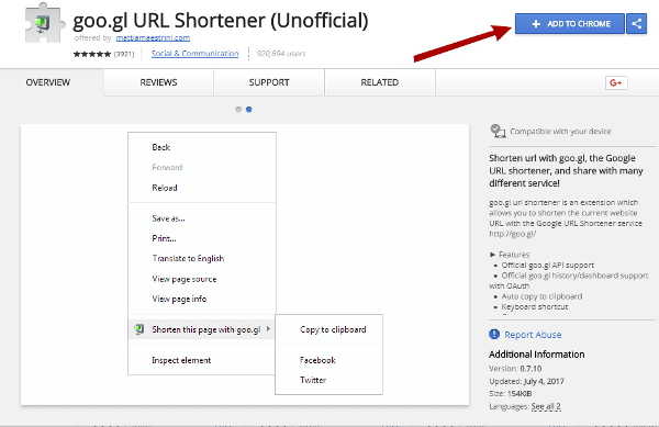 google url shortener chrome extension page