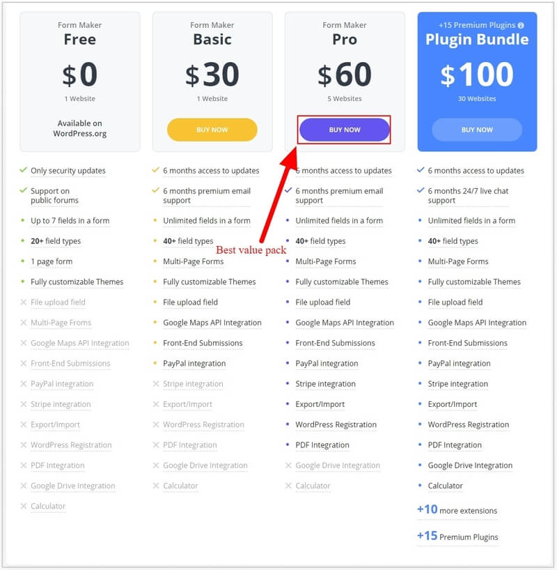 Form Maker pricing page