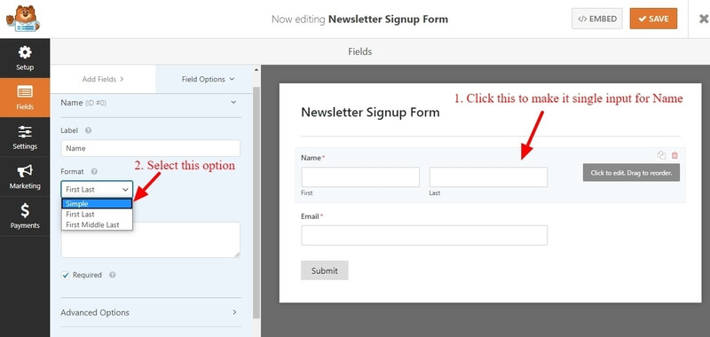 Click name field of WPForms newsletter form Connect WordPress Website Leads And Salesforce