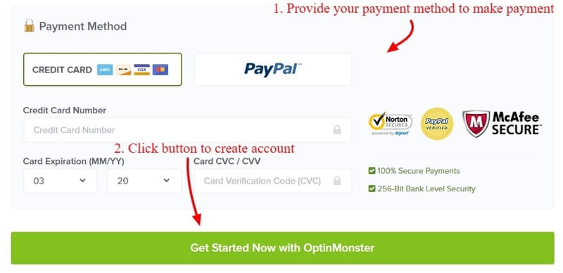 OptinMonster add paymet method to complete purchase