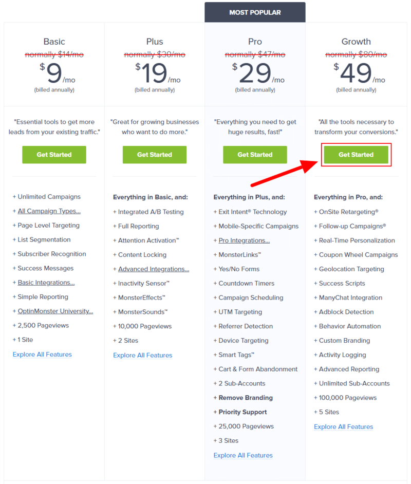 OptinMonster pricing page Easy How To: Effortless Coupon Popups Hacks that Work