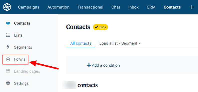 Sendinblue contacts click forms