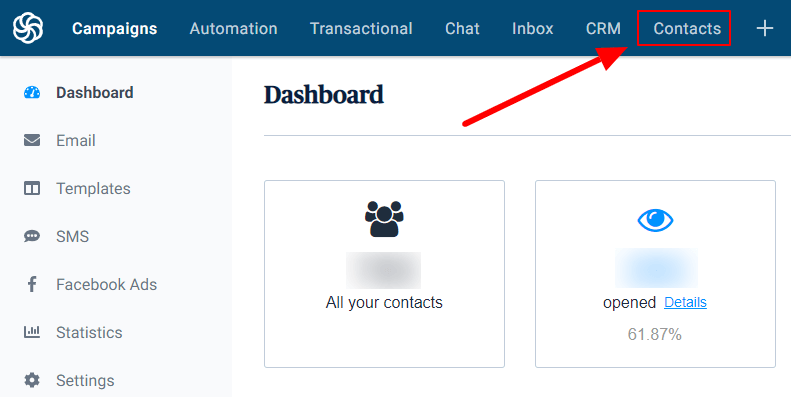 Sendinblue dashboard click contacts