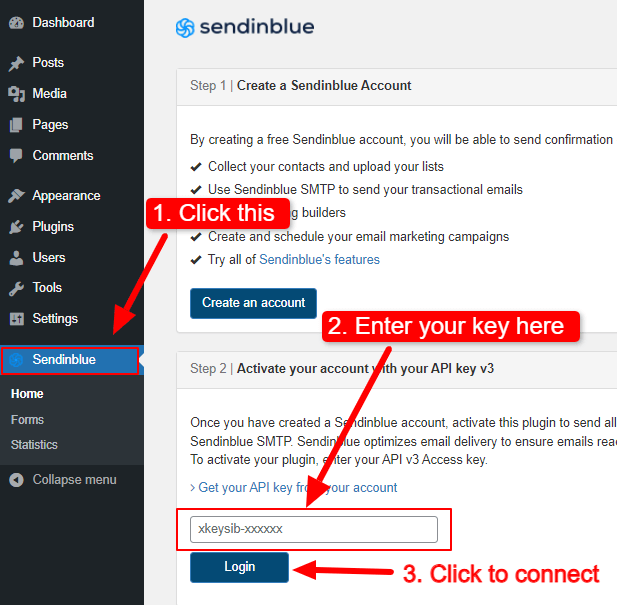 dashboard-click-sendinblue-enter-key-click-connect How to Create Email Subscription Form in WordPress