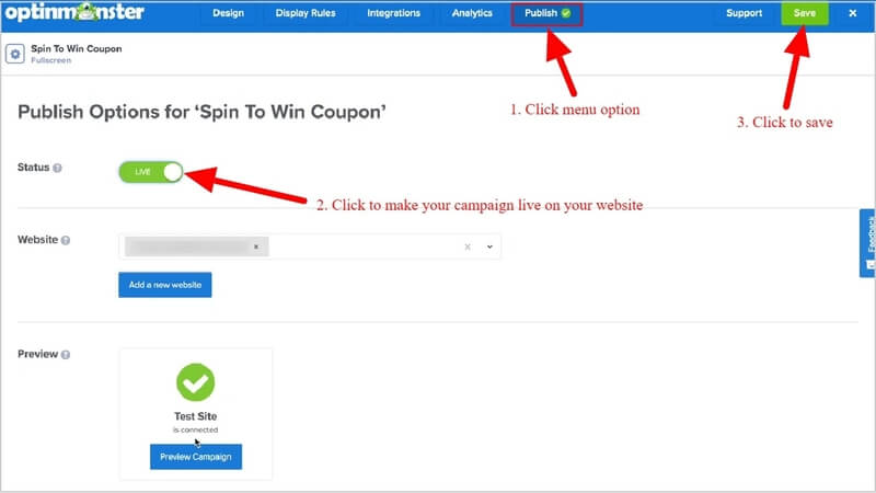 optinmonster-publish-campaign create spin to win campaigns