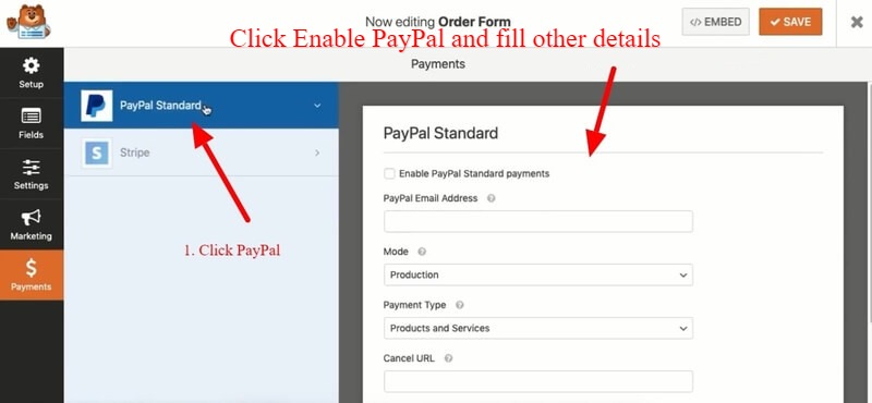 wpforms-click-enable-paypal-make-settings create a WordPress order