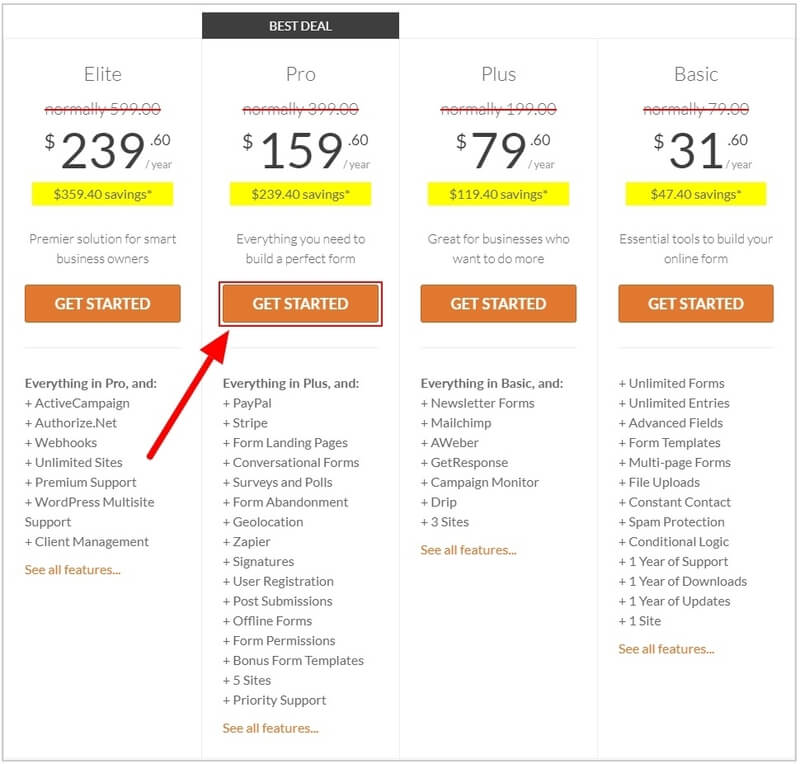 WPForms pricing create a WordPress order