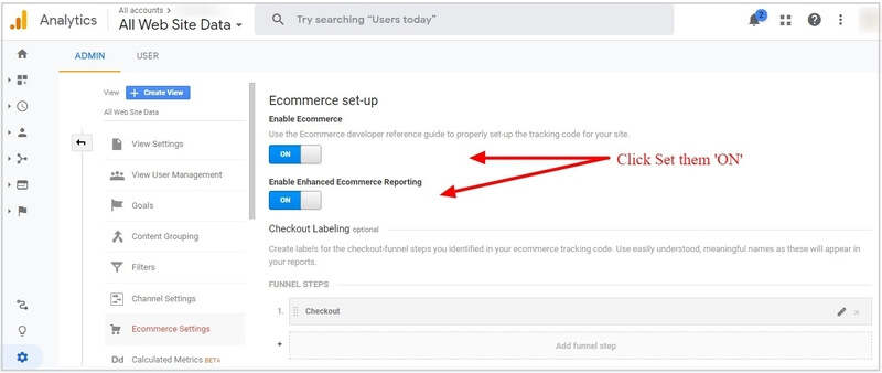 woocommerce-google-analytics-admin-click-ecommerce-settings-click-on How To Track Enhanced eCommerce in Restricted Content Pro and GiveWP