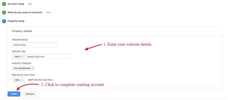 Add property details to create account on Google Analytics