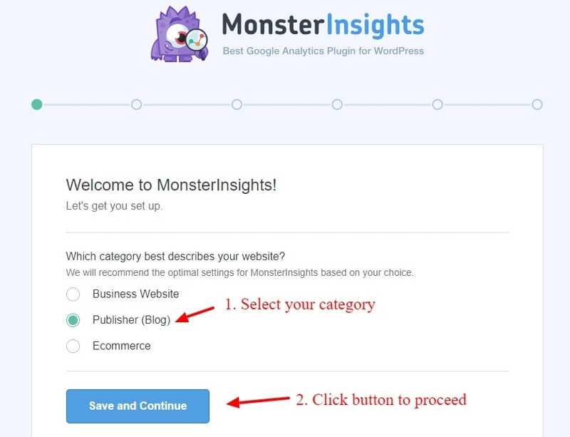 Select your website category on MonsterInsights