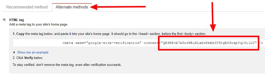 alternate verification method Google webmaster tool