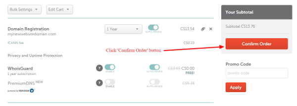 Confirm your namecheap order in MYcart