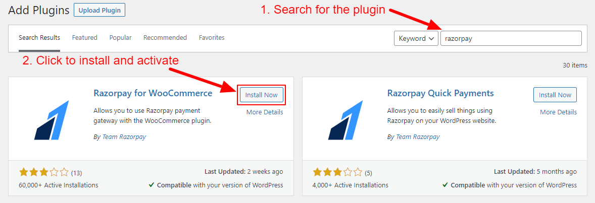 plugins-add-new-razorpay How to Make ECommerce Website in WordPress