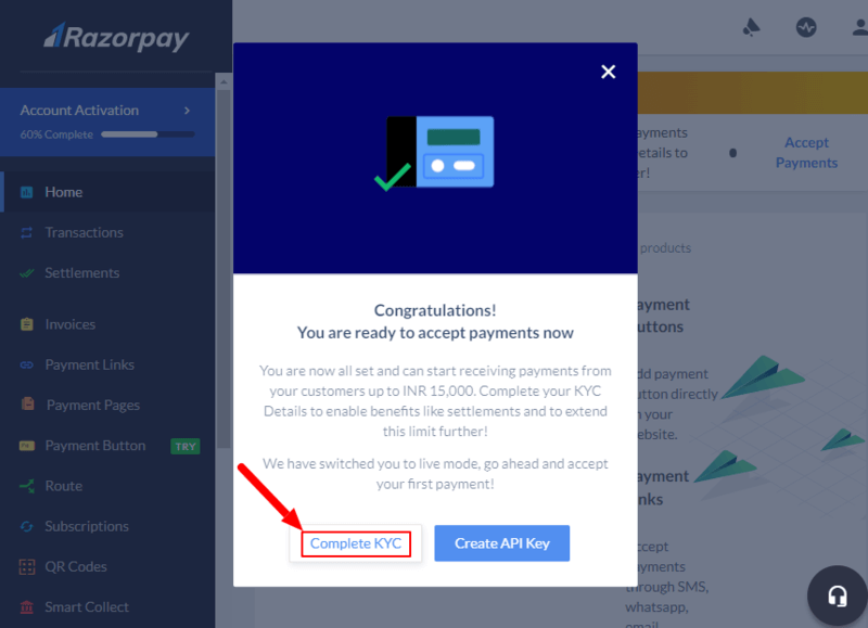 razorpay-dashboard-account-activated-click-complete-kyc