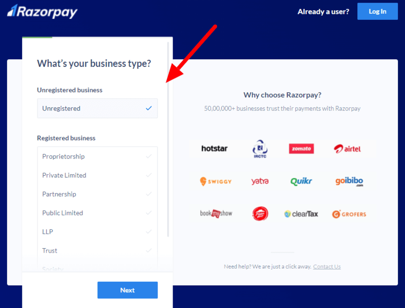 razorpay-signup-select-business-type How to Make ECommerce Website in WordPress