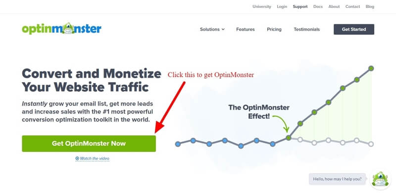 OptinMonster homepage to install and activate mobile exit-intent technology
