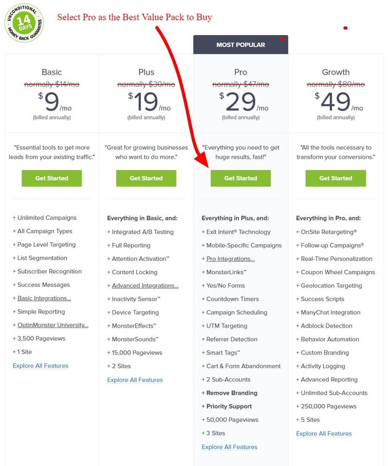 OptinMonster pricing page to select the best option