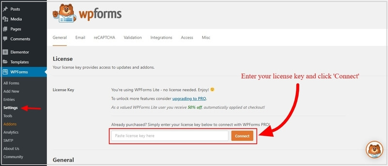 wpforms-enter-license-key create a WordPress order