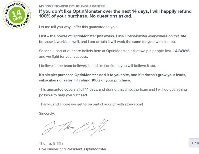 OptinMonster money back satisfaction guarantee