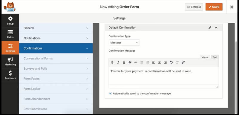 WPForms billing-order-form-confirmations-setting