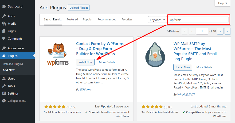 Plugins add new search WPForms click install