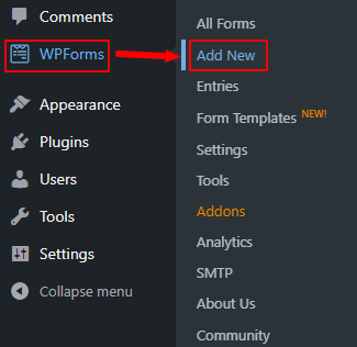 wp menu option WPForms add new How to Add a Contact Form in WordPress