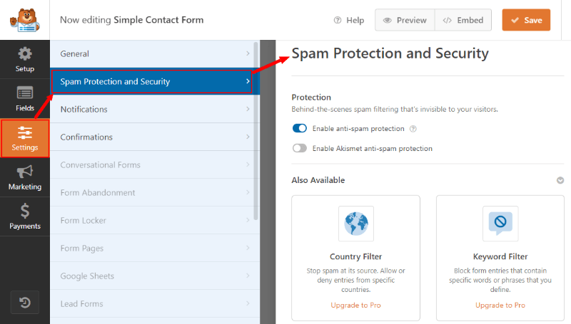 Settings spam protection