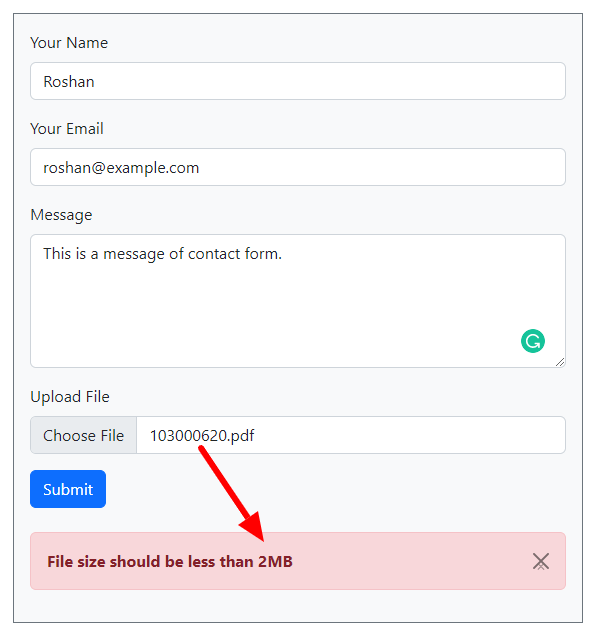 File size validation message image Ajax Contact Form with Attachment in PHP