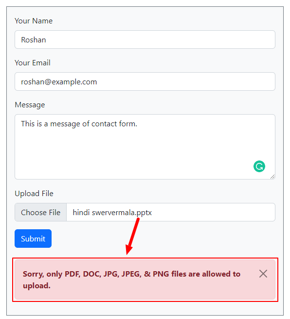 File type validation error message image