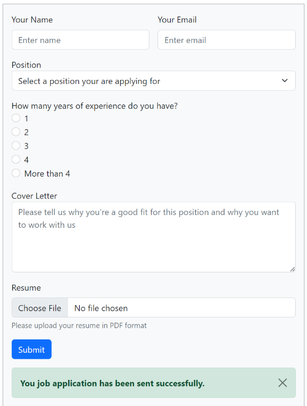 success message Bootstrap Job Application Form