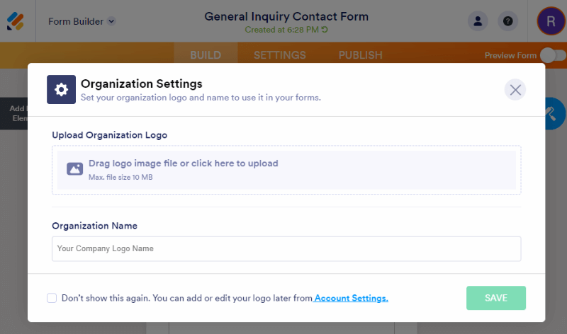 contact form add organization logo name