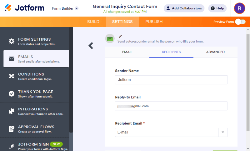 form email settings email content recipient details