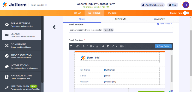 jotform form email settings email content recipient how to Signup JotForm