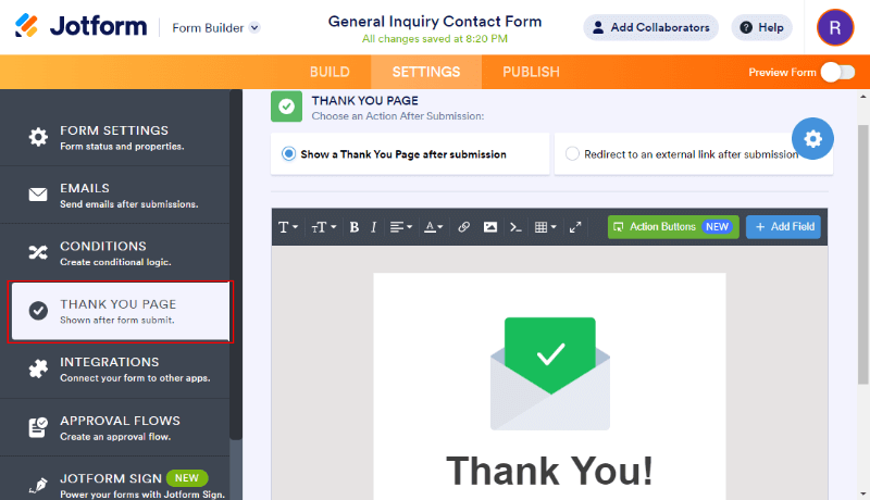 form thank you page settings