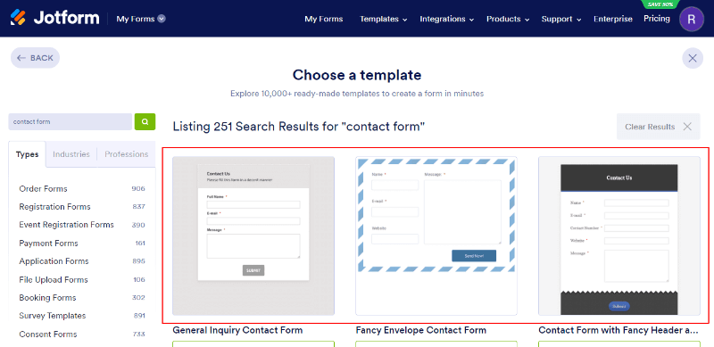 select contact form template