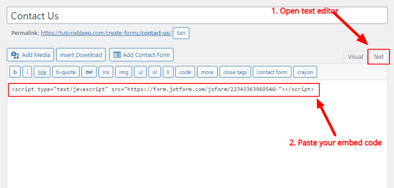 jotform-paste-embed-code How to Create Contact Form in WordPress (Without Plugin)