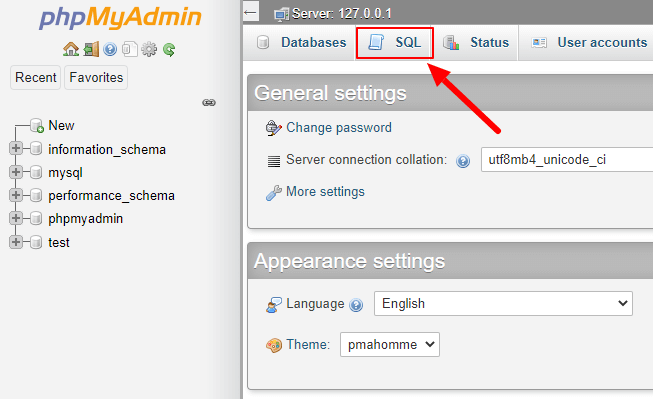 PHPMyAdmin dashboard go to SQL tab