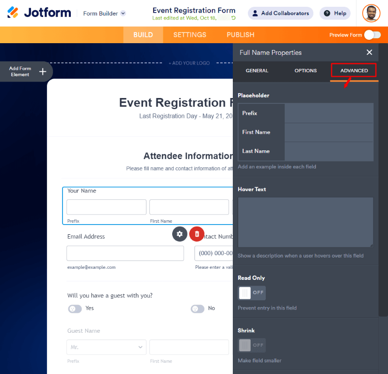 Name field advanced settings