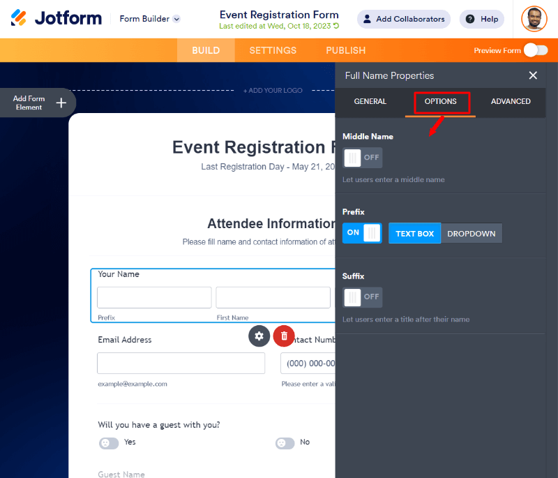 Name field option settings How to Create an Event Registration Form Online?