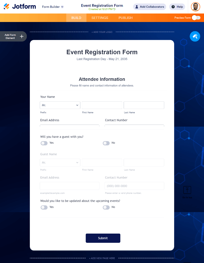 Event registration form template preview