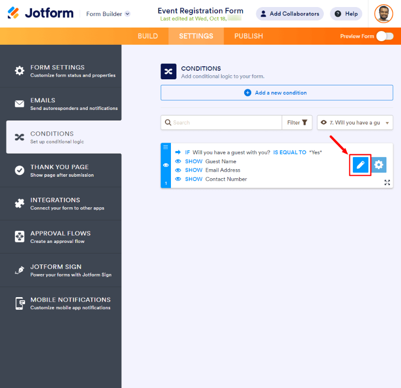 Yes no field condition edit settings How to Create an Event Registration Form Online?