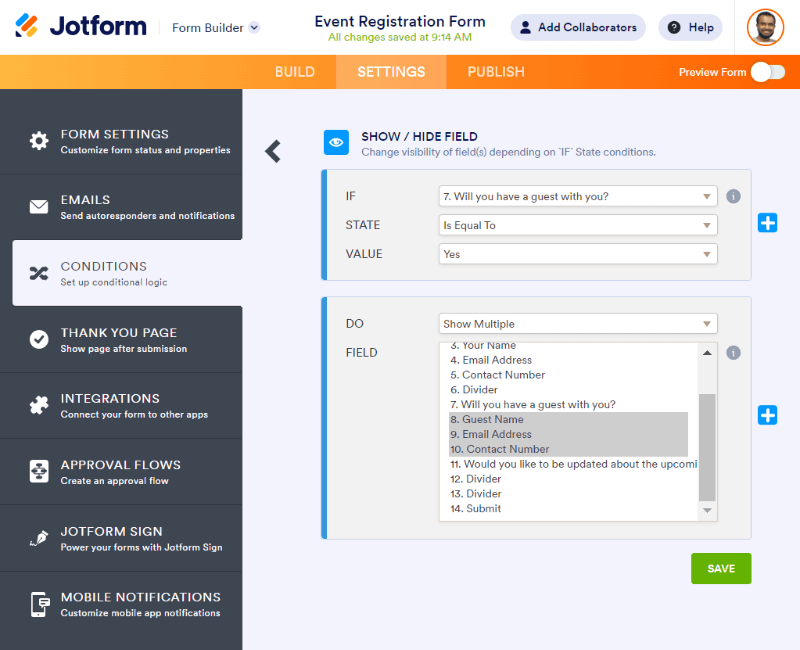 Yes no field condition edit settings