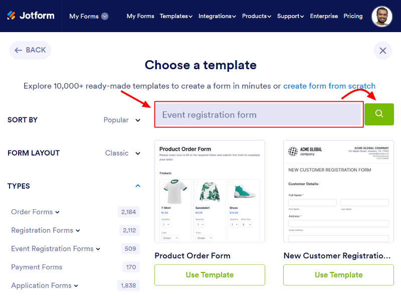 search event registration form