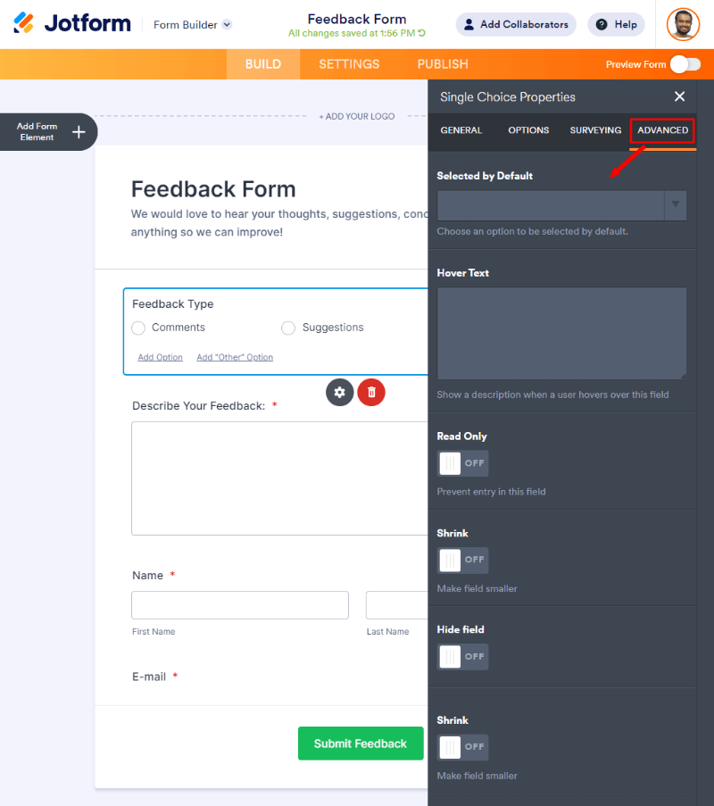 Field advanced settings How to Create a Feedback Form For Your Website