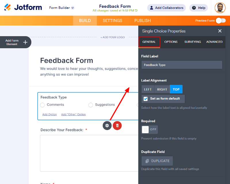 Field general settings How to Create a Feedback Form For Your Website