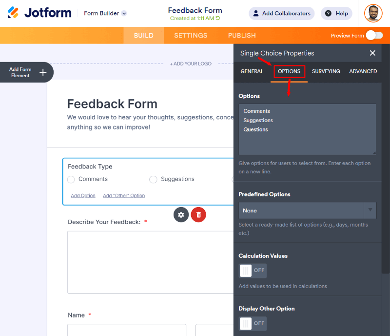 Field options settings