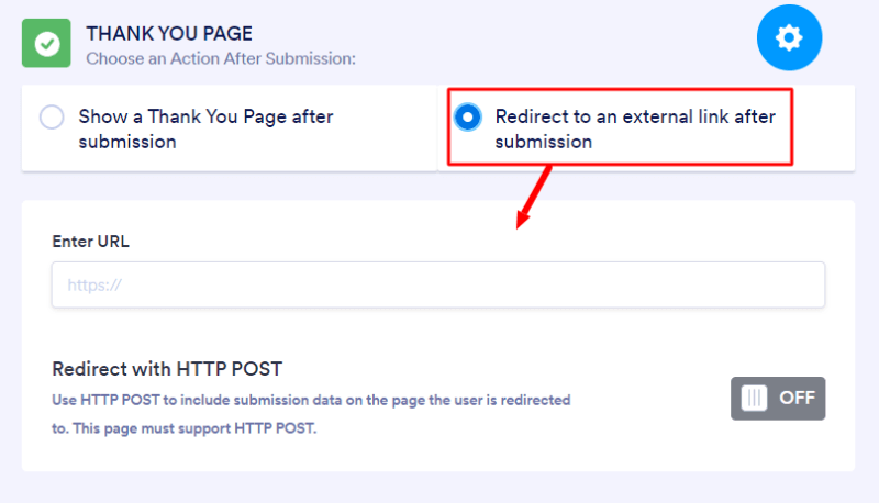 Settings thanks you page external url