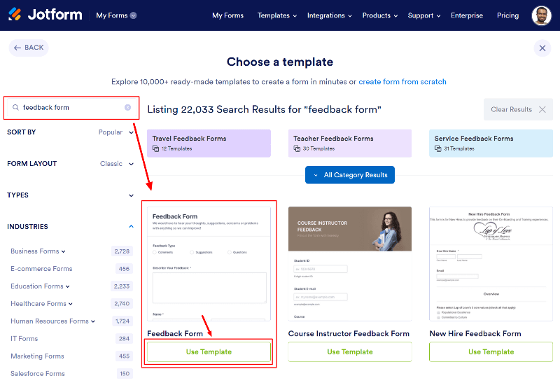 Search and select feedback form template How to Create a Feedback Form For Your Website