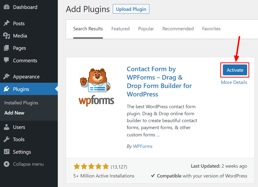 WPForms click installation click active