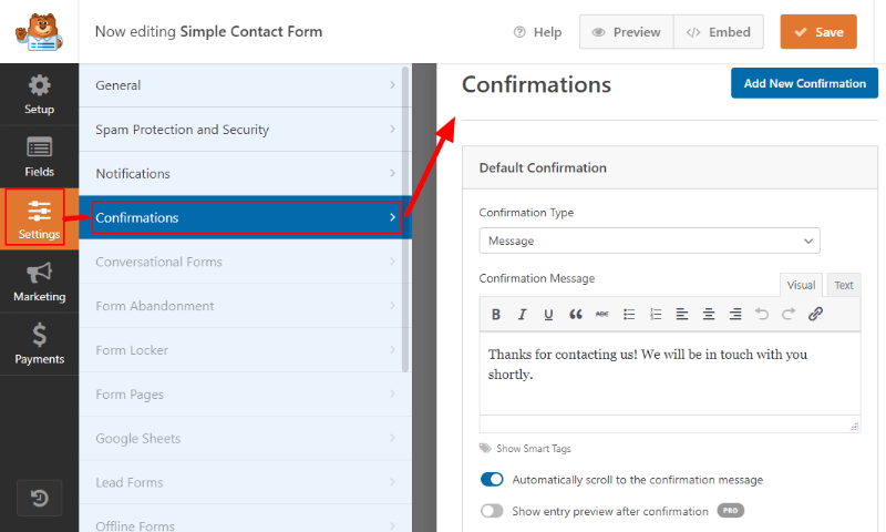 Confirmation settings How to Create a Form in WordPress